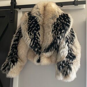 Beige and Black Patterned Faux Fur Cropped Jacket